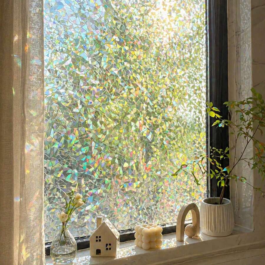 Window Privacy Film, 3D Decorative Rainbow Window Clings, Stained Glass Window Decals, Static Cling Window Sticker Non-Adhesive - 1PC - View 1