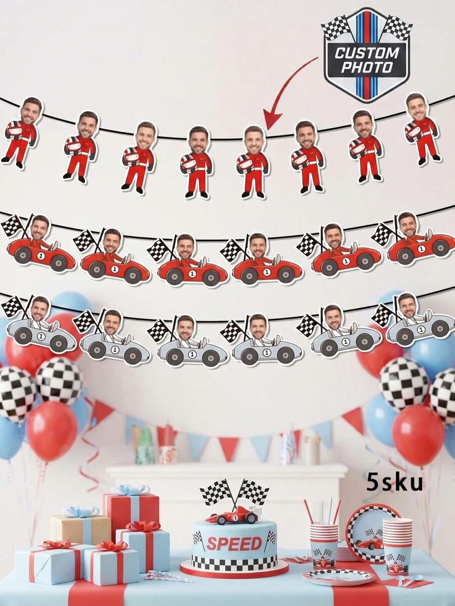 6/12/18pcs Custom Race Car Driver Photo Banner,Personalized Racing Photo Garland, Race Car Driver Banner For Backyard Race Parties - Multicolor - View 1