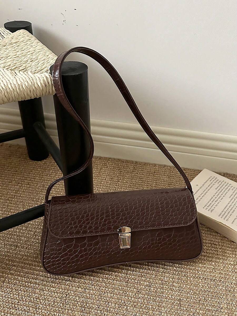 Korean Style Crocodile Embossed Handbag For Women, New Fashion Shoulder Bag, Minimalist Crescent Moon Tote Bag For Women, For Going To Work, Green - 棕色 - 查看 1