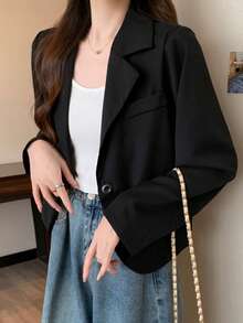 Women's Black Casual Long Sleeve Blazer, Elegant Single-Button Short Suit Jacket Fall - Black - View 6