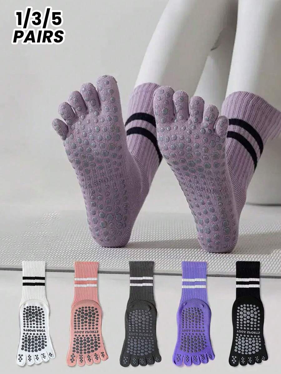 1/3/5 Pairs Five Toe Yoga Socks, Non-Slip Professional Women Pilates Socks, New Non-Slip Socks, Suitable For All Seasons, Mid-Calf - Multicolor - View 1