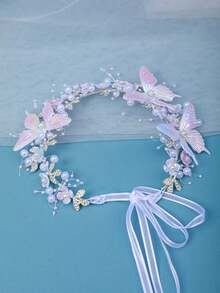 1pc Vintage Elegant Dreamy Purple Pearl Flower Headband, Bridal Wedding Accessory - Multicolor - View 7