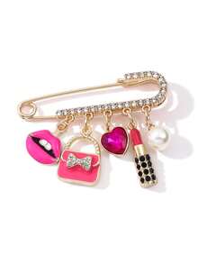 1pc Luxury Rhinestone Makeup Theme Brooch, Lipstick Handbag High Heel Pendant Pin, Versatile Anti-Exposure Clothing Accessory, Niche Exquisite Women's Brooch Gift - Multicolor - View 9