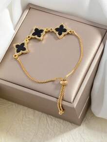1 pieza Pulsera exquisita y versátil de trébol de cuatro hojas, con micro-incrustaciones de strass, diseño con cordón, ajustable, adecuada para uso diario - Unitalla - Ver 2