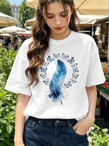 Camiseta con estampado de mariposa y plumas azules, algodón premium, corte holgado, ajuste cómodo, estilo casual, dise?o gráfico. - Blanco - Ver 1