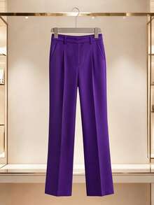 Women's Autumn/Winter Office Daily Solid Color Lined Double-Breasted Asymmetric Placket 3-Button Design Slim Fit Long Sleeve Blazer & Straight Leg Pants Set - Purple - View 5