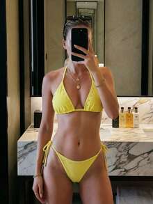 Summer Tropical Island Solid Color 2-Piece Bikini - Halter Triangle Top + Side Tie Bottoms | Yellow Sexy Beach Party Swimwear - Yellow - View 2