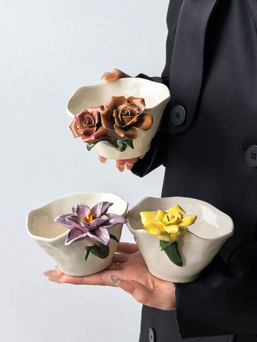 1pc Handmade Ceramic Floral Coffee Cup | Artistic 3D Floral Design | Suitable For Coffee, Tea, Afternoon Tea, Office Desk Decoration