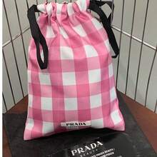 Prada Pink & White Plaid Drawstring Makeup Storage Bag, Soft Fabric Portable Cosmetic Organizer, Large Capacity Skincare Drawstring Pouch, Commute Shopping Short Trip Toiletry Storage Bag, Best Friend Birthday Gift, Fresh Girly Style - Pink - View 8