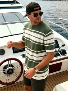 Men's Fashion Round Neck Striped Knit Casual Short Sleeve Top - Green - View 8