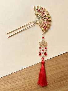 [1件]新中式扇形流蘇髮簪 新娘婚禮度假旅行攝影盤髮飾品 不傷髮U型髮夾 滴油工藝紋理金屬髮髻固定夾 - 彩色 - 查看 8