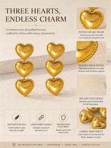 1 Pair Long Earrings, 24K Gold-Plated Iron Body With 3D Heart Decoration, Elegant French Classic Style - Love - View 6