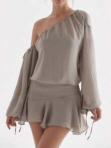 2026 Summer Spring New Fashion Sheer Off Shoulder Long Sleeve Ruffled Hem Dress High Street Style Elegant Dress - Green - View 7