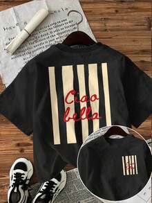 2026 Nuova T-Shirt da Donna "Ciao Bella" a Righe Artistiche, Manica Corta, Collo Tondo, Casual, Adatta per Vacanze Primaverili/Estive e Uso Quotidiano, Nera - nero - Visualizzare 1