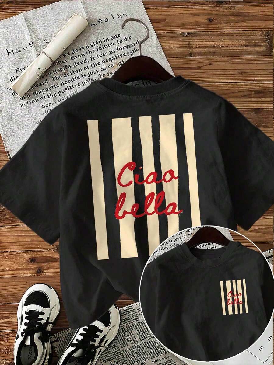 2026 Nuova T-Shirt da Donna "Ciao Bella" a Righe Artistiche, Manica Corta, Collo Tondo, Casual, Adatta per Vacanze Primaverili/Estive e Uso Quotidiano, Nera - nero - Visualizzare 1