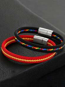 1pc Double Layer Colorful Woven Nylon Rope Bracelet, Magnetic Buckle Woven Rope Wristband, Multiple Colors Available, Handmade, Durable, Suitable For Men And Women, Suitable For Daily Casual And Outdoor Activities - Colorful Double-layer Bracelet - View 4