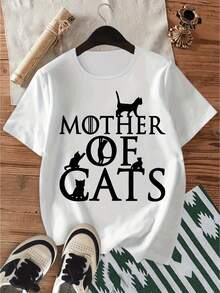 Camiseta de mujer con estampado siluetas gatos texto mother of cats manga corta cuello redondo algodón transpirable verano salidas casuales envío méxico - Blanco - Ver 1