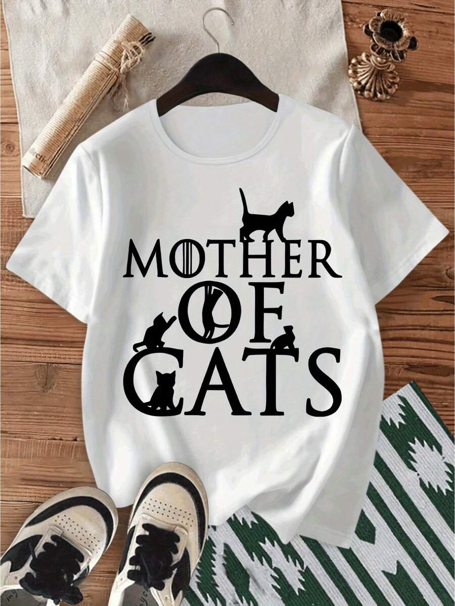 Camiseta de mujer con estampado siluetas gatos texto mother of cats manga corta cuello redondo algodón transpirable verano salidas casuales envío méxico - Blanco - Ver 1