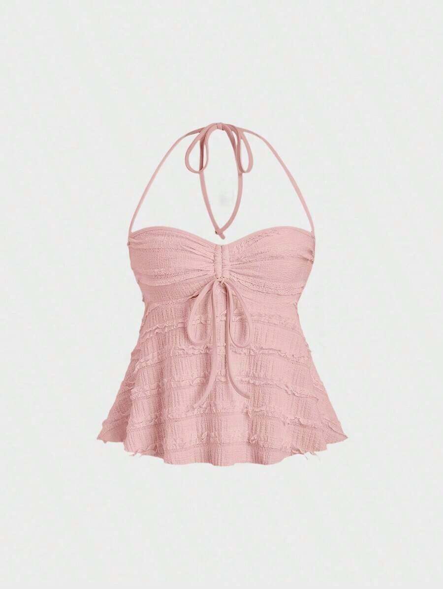 Solid Color Halter Tops With Drawstring At The Bust, Y2K Style For Women - Pink - View 1