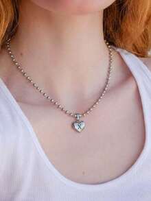 Heart Initial Necklace For Women, A-Z Alphabet Letter Heart Pendant Ball Bead Chain Dainty Personalized Name Initial Jewelry Gift - Silver X - View 7