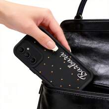 Exquisite Gold Scattered Mini Polka Dot Customizable Handwritten Name Phone Case, Personalized Elegant Cursive Text Women's Daily Fashion Gift Anti-Drop Matte Phone Case, Suitable For IPhone Series And Galaxy - Black - View 4