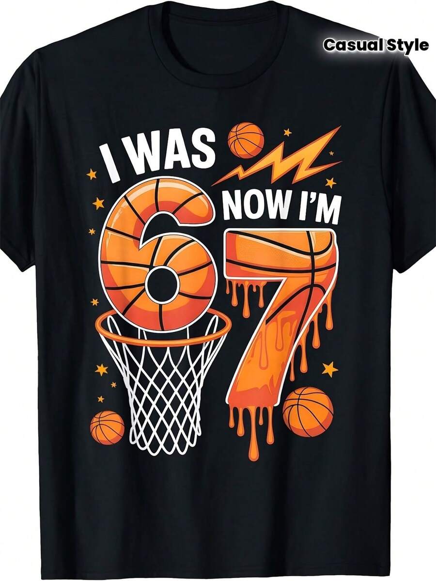 Camiseta divertida con meme de baloncesto "Era 6, ahora soy 7" para cumpleaños | Camiseta casual para niños y niñas, tallas 120-160, primavera/verano, cuello redondo, manga regular - Negro - Ver 1