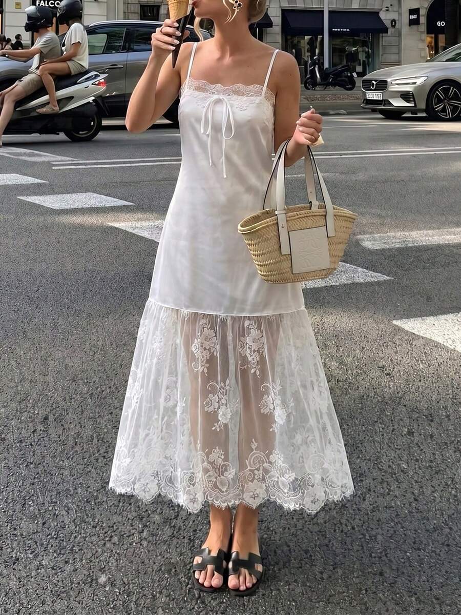 夏季女款優雅白色緞面蕾絲拼接吊帶洋裝，精緻花卉蕾絲長洋裝，法式優雅時尚，度假約會穿搭，純色，優雅派對約會晚宴度假下午茶旅行婚禮宴會