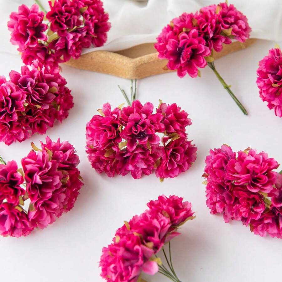 1/5/500pcs 6-Head Artificial Mini Rose Bud Bouquet, Handmade Card, DIY Wreath Material, Candy Box Accessory, Home Wedding Decoration, Bridal Wrist Corsage Brooch Headpiece Material, Autumn Decor - Hot Pink - View 1
