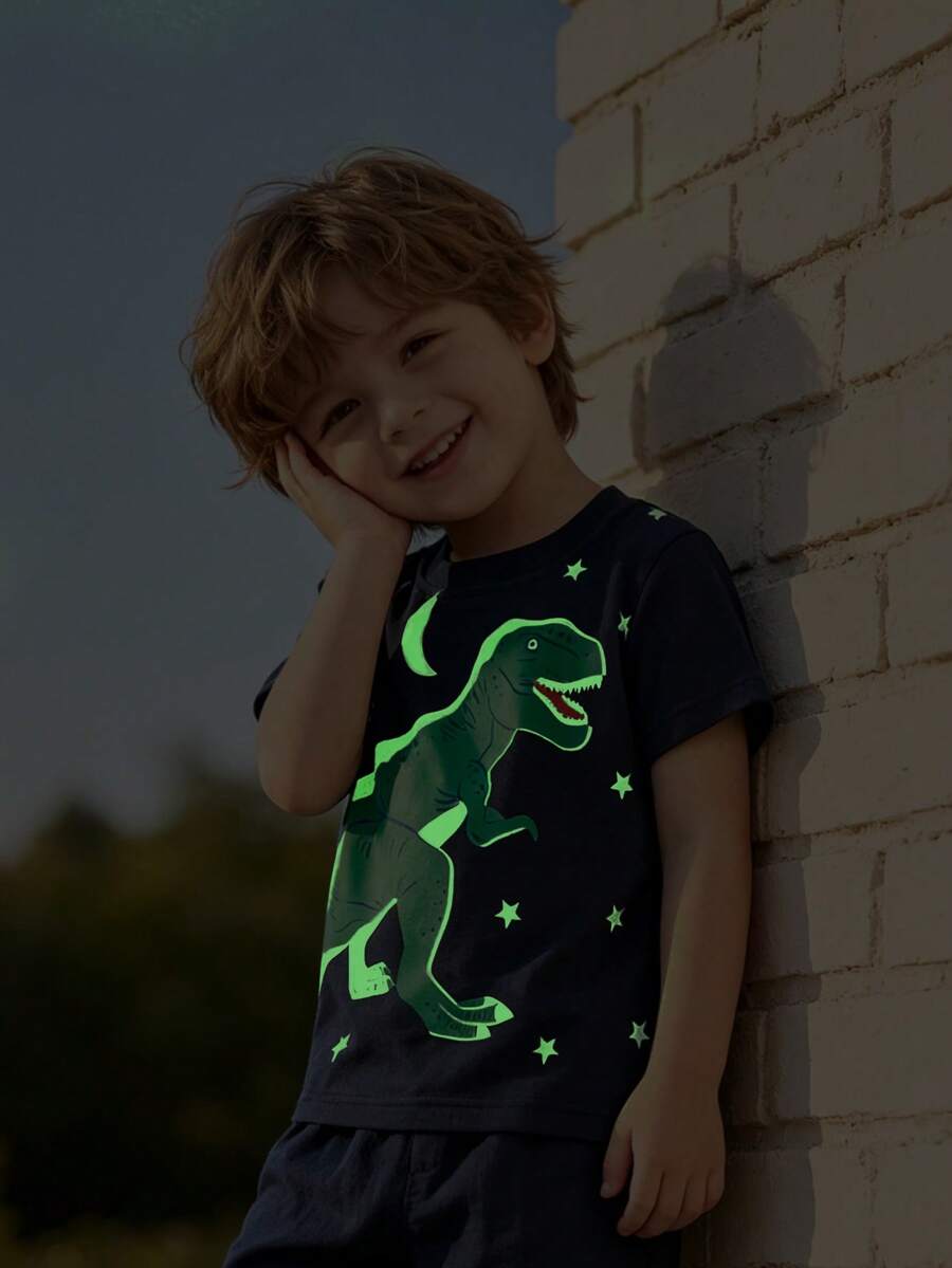 Young Boy Casual Short Sleeve T-Shirt , Cartoon Dinosaur Luminous Print, Summer Fashion - Navy Blue - View 1