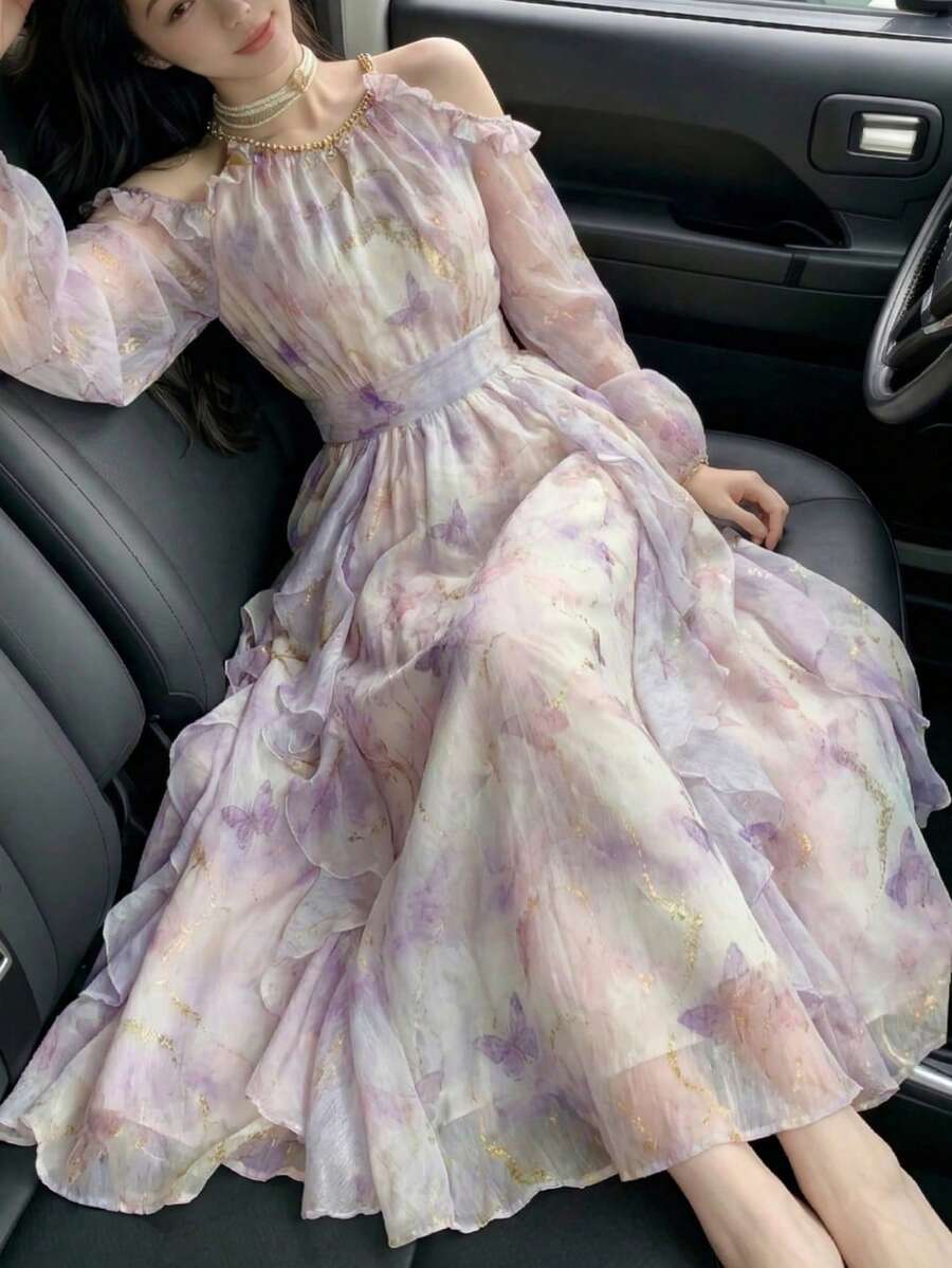 女款優雅露肩雪紡雞尾酒派對洋裝,韓式花卉印花A字裙生日派對舞會禮服,度假沙灘洋裝,婚禮秋季穿搭 - 淡紫色 - 查看 1