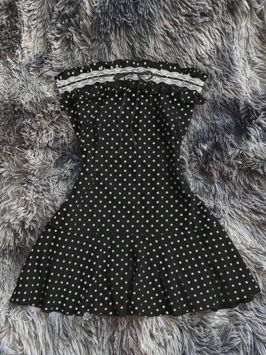 Vestido mini con volantes, estampado de lunares y encaje contrastante sin tirantes para mujer - Negro - Ver 1