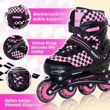 Adjustable Inline Skates For Kids Teens, PU Wheels Blades Roller Skates With Checkerboard Design For Boys Girls - Pink - View 2