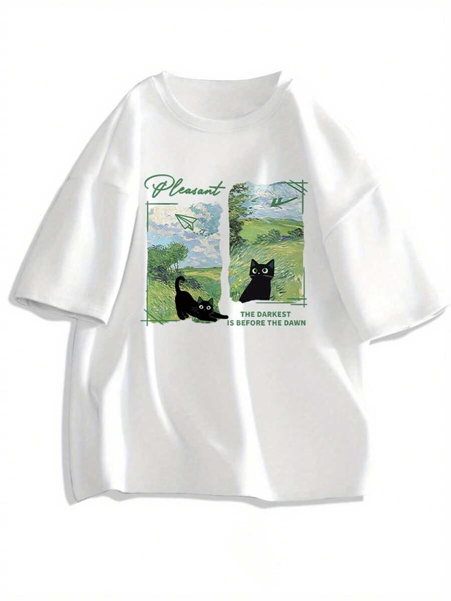 2026 Women's Blouses, Women's Summer Graphic T-Shirt Y2K - "The Darkest Is Before The Dawn" Design With Black Cat And Sky, Loose Fit, Round Neck, Casual And Versatile Top, Clothing - 白色 - 查看 1