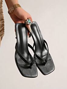 French Style Women's Summer New Toe-Post Thin Heel High Heel Sandals With Back Strap Kitten Heel Flip-Flop Slides - Black - View 10