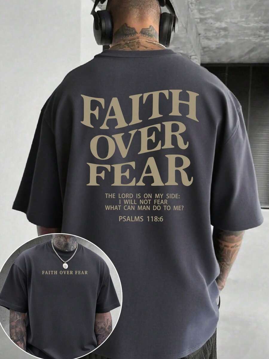 Men's Christian Short Sleeve T-Shirt "FAITH OVER FEAR" - New Fashion 2026 | Psalm 118:6 Biblical Design | Inspirational Streetwear | 100% Cotton | Unisex Fit | Ideal Gift For Christians - 灰色 - 查看 1