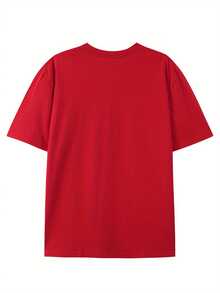 Camiseta estampada relajada y cómoda - Diseño de gato adorable, algodón puro suave, cuello redondo, manga corta, top casual de verano para hombre. - Rojo - Ver 2