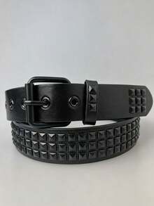 1条朋克风男女通用真皮腰带，饰有方形珠子和金字塔铆钉，适合日常佩戴 - 黑色 - 查看 7