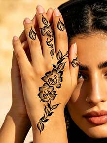 4pcs Symmetrical Floral Henna Tattoo Stencils, Hollow Floral Hand-Drawn Stickers, DIY Henna Paste Templates, Exotic Style Temporary Tattoo Designs For Wedding Hands And Feet - Black - View 2