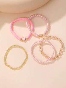 Set 5 buah Gelang Perhiasan Anak-anak Bentuk Hati dengan Manik-manik Kristal Mutiara Imitasi yang Lucu, Cocok untuk Pesta Liburan, Hadiah Ulang Tahun, Aksesori Anak Perempuan - Satu-Ukuran - View 3
