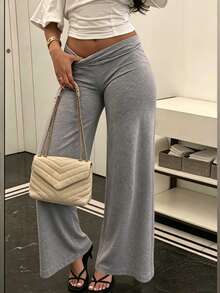 High Waist Wide Leg Casual Pants, Women's Commute Sports Elegant Modern Solid Color Slim Fit Wide Leg Pants Fall - Grey - View 6