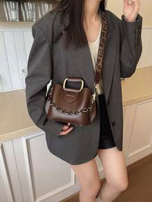 Hevel, Bolso de mano con decoración de cadena de estilo casual de negocios, adecuado para adolescentes, bolso de hombro y bandolera para mujeres estudiantes universitarias, recién llegadas al lugar de trabajo y trabajadoras de cuello blanco. Perfecto para oficina, campus, trabajo, negocios, desplazamientos, actividades al aire libre, viajes y salidas. - Café integral - Ver 7