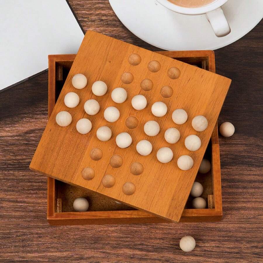 木製單人棋子遊戲 - 附收納盒，經典單人益智拼圖，便攜旅行教育益智遊戲玩具，IQ挑戰邏輯訓練桌面益智遊戲