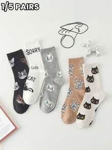 1/5 Pairs Cartoon Cat Print Mid-Calf Socks, Fun Letter Design, Versatile Breathable Multi-Color Casual Socks - Multicolor - View 2