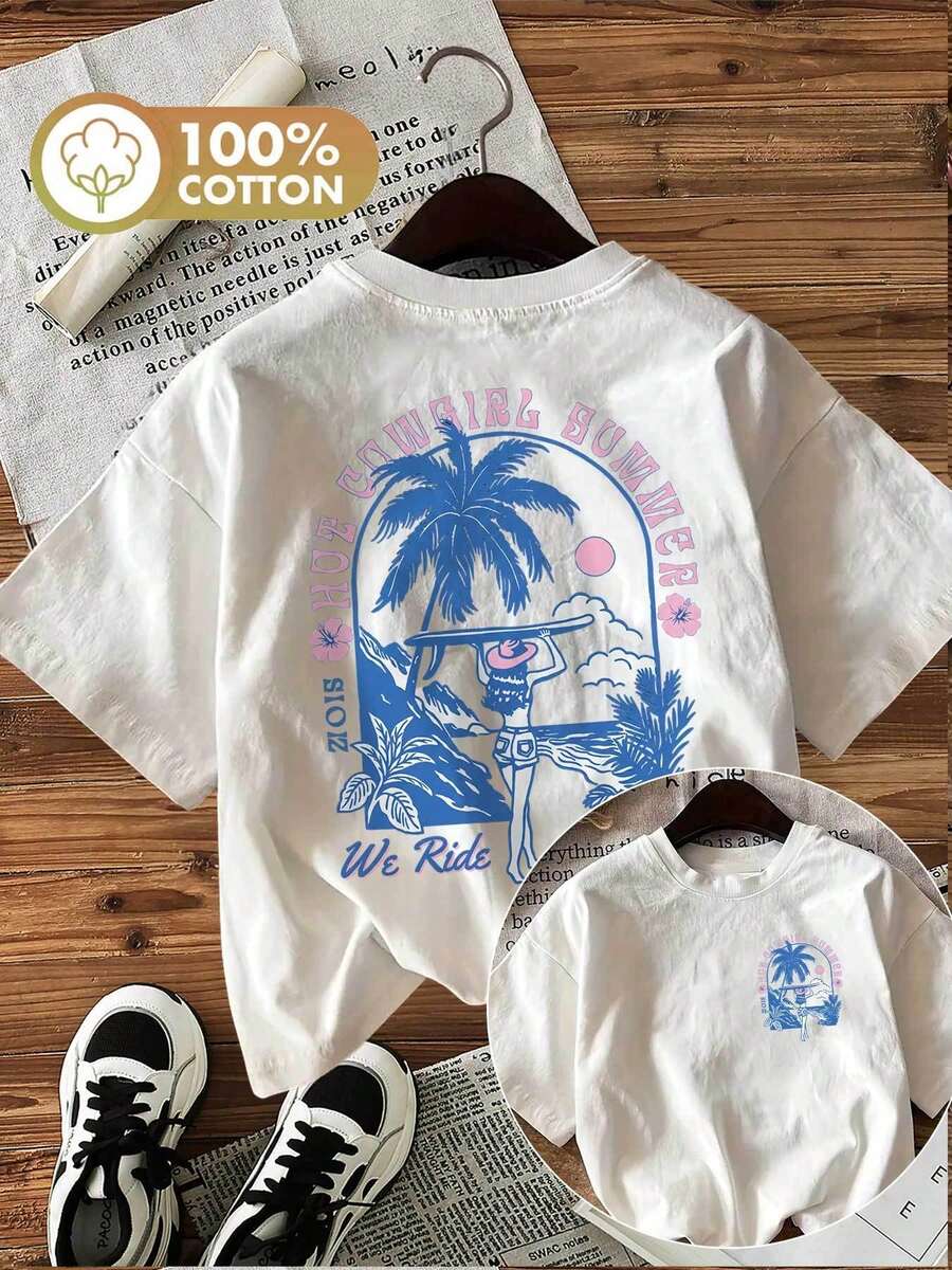 Camiseta de manga corta de verano para mujer de talla grande, estilo Y2K, con diseño retro que presenta cocoteros, tablas de surf y la frase 'HOP COWGIRL SUMMER WE RIDE' en una camiseta de algodón puro de cuello redondo, adecuada para combinar entre padres e hijos, transpirable y absorbente de sudor. - Blanco - Ver 1