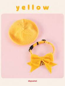 Knitted Beret + Velvet Bow Collar Set, Universal For Cats And Dogs, Photo Prop Accessory - Multicolor - View 14