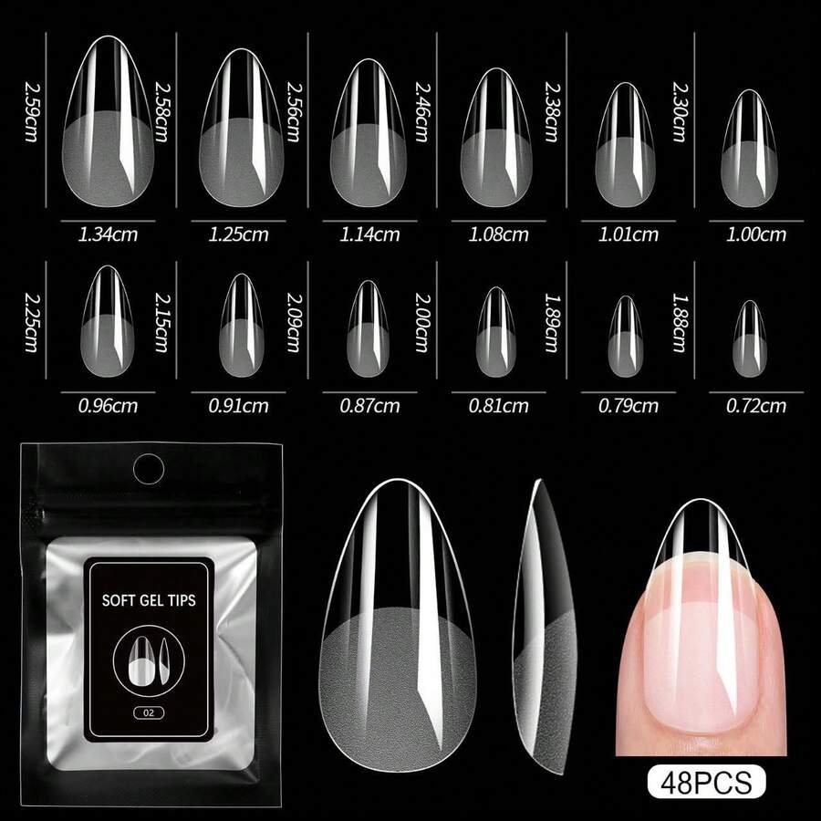 48pcs/12 Sizes Realistic Semi-Matte Almond Shaped Fake Nails, Full Coverage Nail Tips, Reusable Nail Art Suitable For Nail Salons And DIY Home Use - Clear - View 1