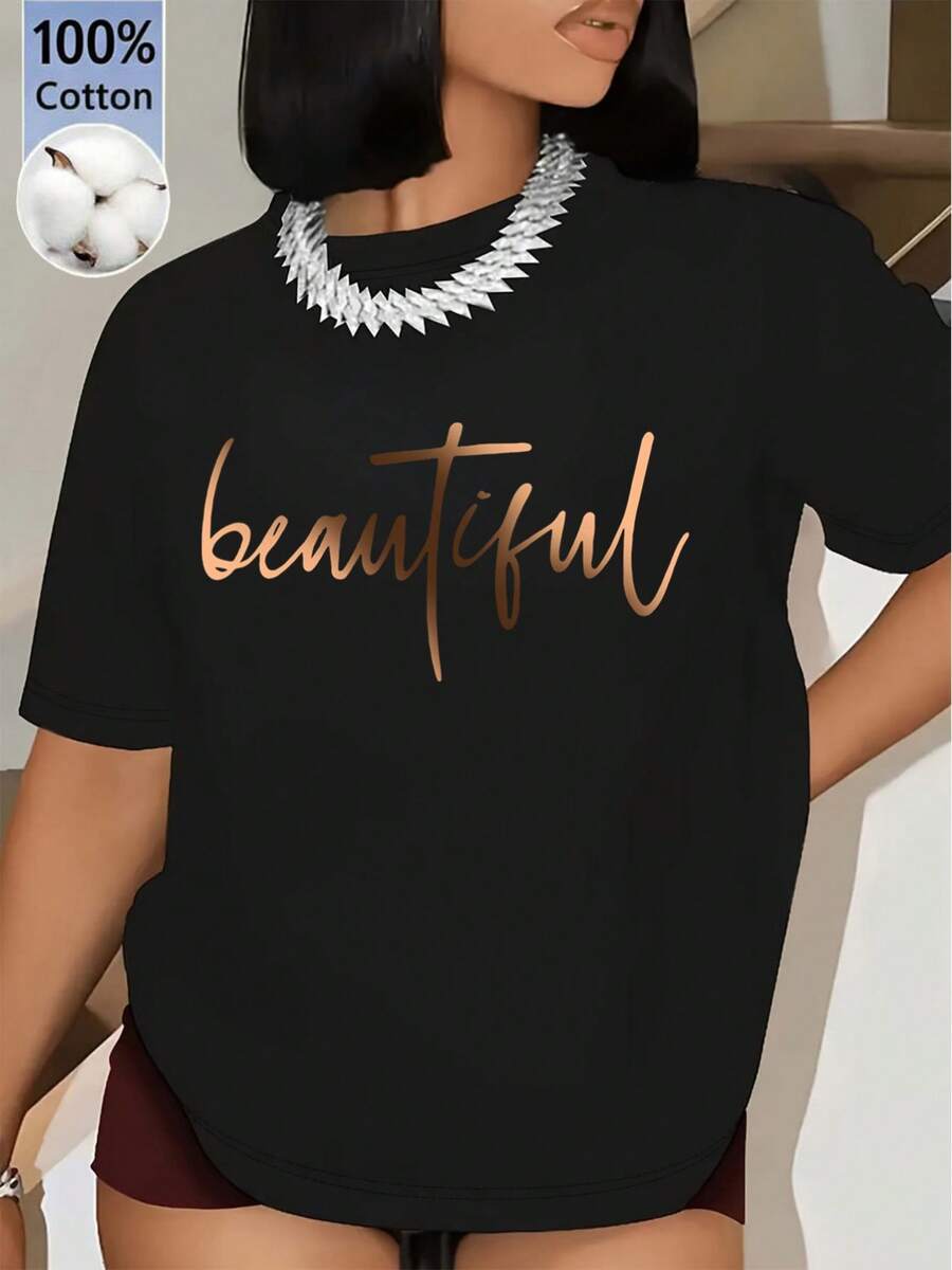 Soft 100% Cotton T-Shirt With Letter Print, Round Neck, Short Sleeves For Women, Suitable For Summer Vacation, New Year's Gifts, Valentine's Day Gifts, Daily Wear, Sa - 黑色 - 查看 1