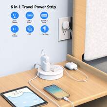 Regleta de viaje con 3 tomas, 1 puerto USB-C y 2 puertos USB-A, cable de extensión retráctil de 4 pies, enchufe ultra plano para artículos esenciales de crucero, protección contra sobretensiones, compacta para maleta - Blanco - View 9