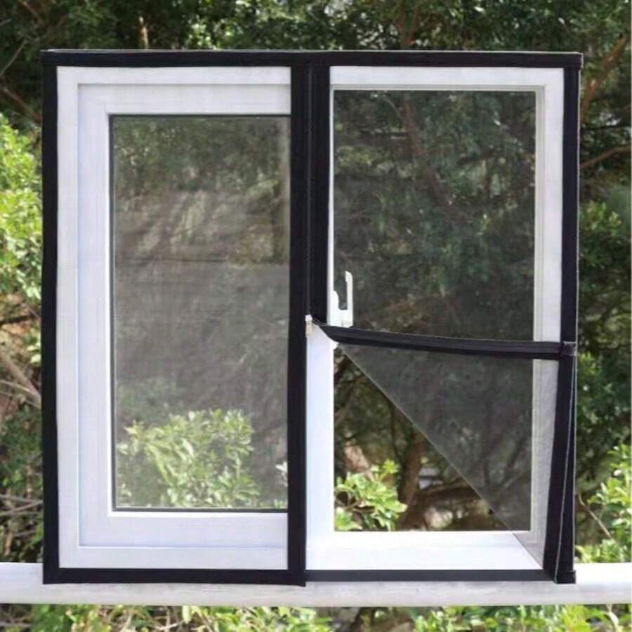 1pc Zippered Self-Adhesive No-Drill Window Screen, Mosquito & Insect Proof Mesh For Living Room And Bedroom