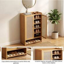 Wooden Shoe Rack With 2 Doors And 7 Shelves, Bamboo And Rattan Shoe Organizer For Hallway, Compact Shoe Rack For Small Spaces (60x32x93 Cm) - Black - View 7